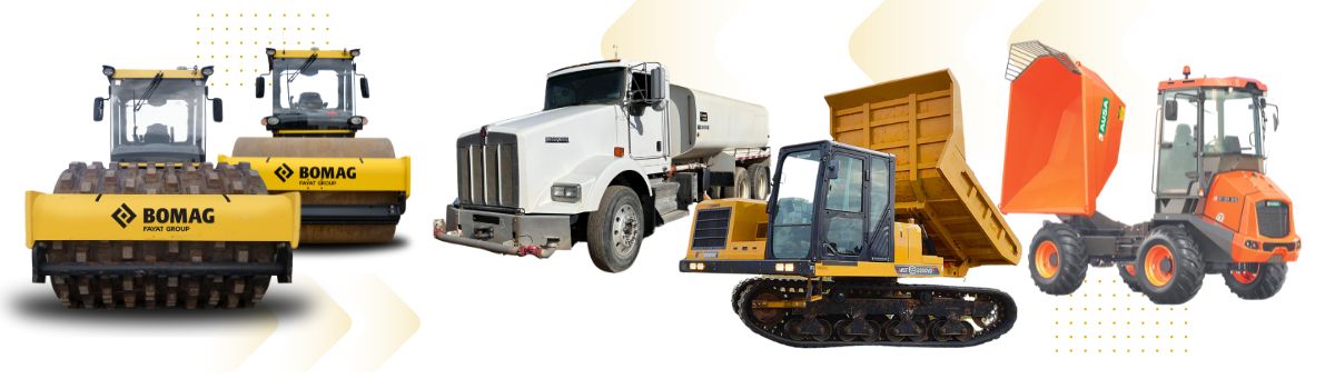 A line of equipment: left to right, Padfoot compactor, smooth drum compactor, water truck, morooka, ausa dumper